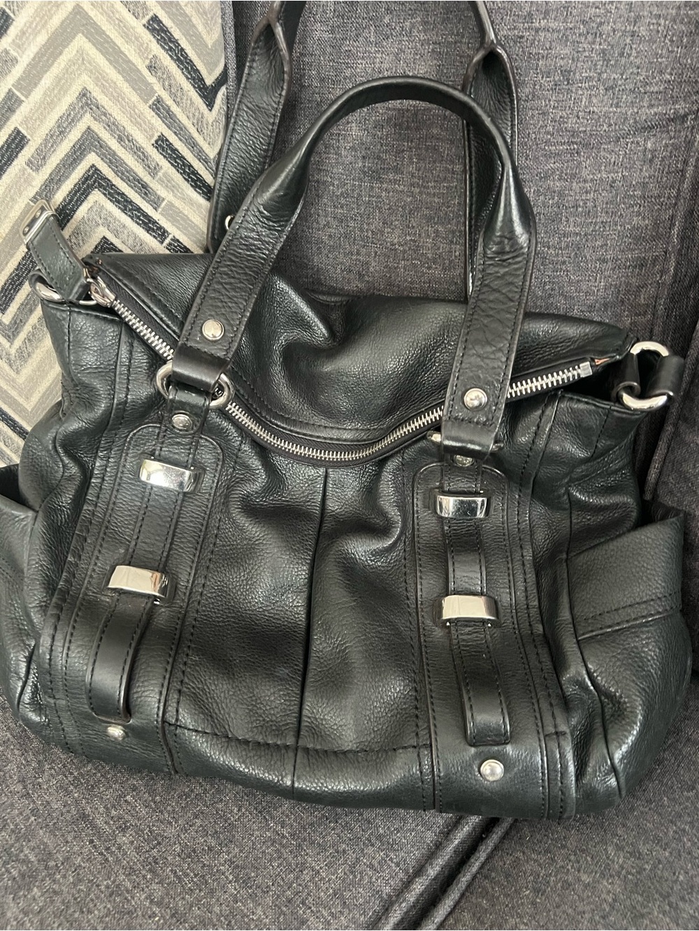 b. makowsky Black Leather Shoulder Tote with Silver Hardware